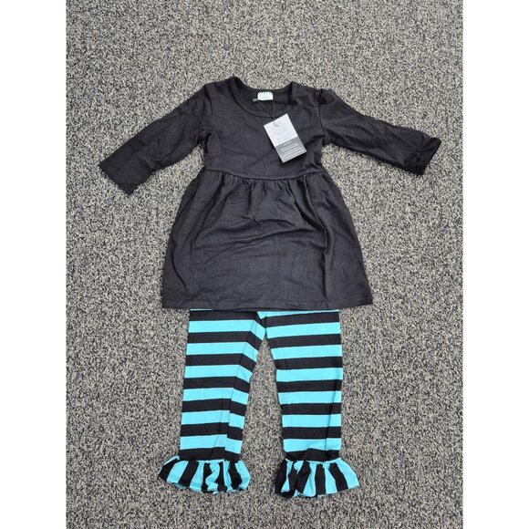 Black & Blue Striped Ruffle Legging 3 PIECE Set For Girls Size 3T - Picture 2 of 2